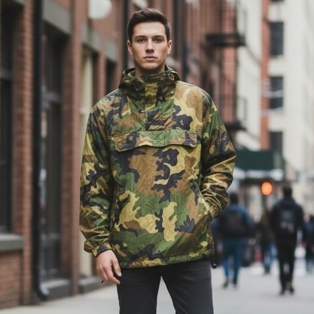 VTG STARDOM Camouflage Anorak Jacket Hooded Pullover Lightweight Nylon Size M‎